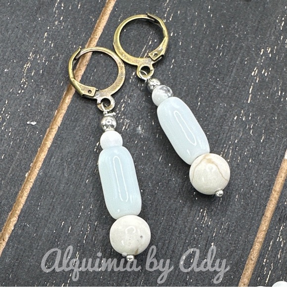 White howlite Lolita dangle Bon bon brass earrings drops - Picture 1 of 4